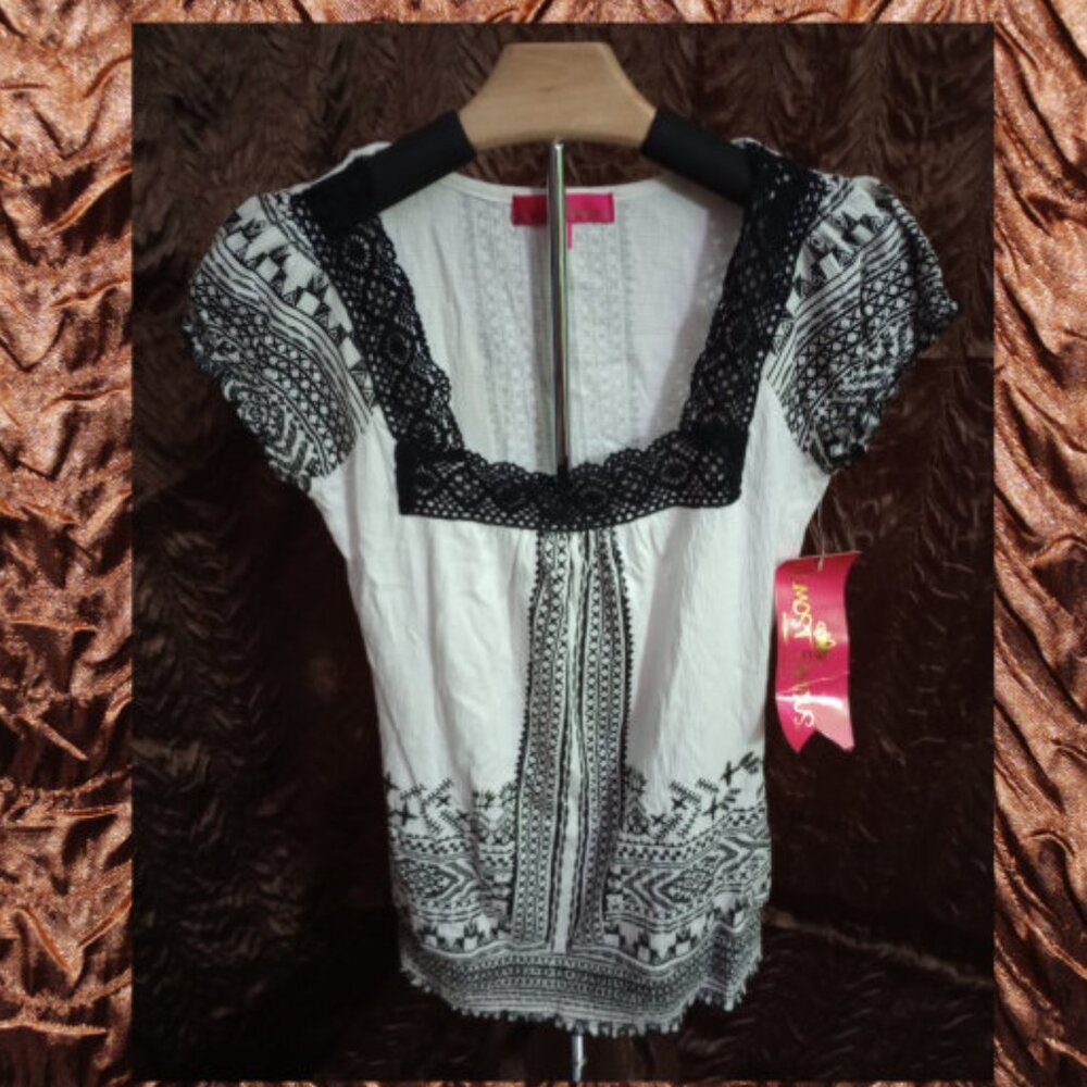 White with Black Boho Designs and Lace Trim